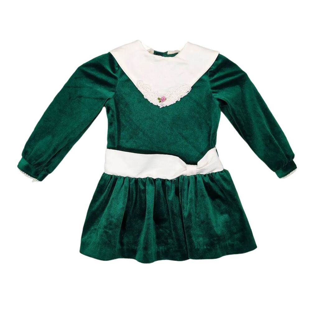 Vtg 90s Rose Cottage Girl's 4 Green Velvet Drop Waist‎ Dress, Holiday Christmas